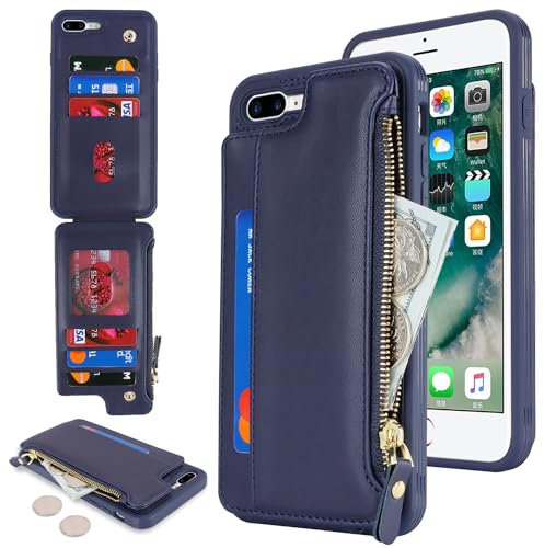 SailorTech for iPhone 7 Plus Phone Case with Credit Card Holder for Men, iPhone 8 Plus Case with Credit Card Slots Wallet Zipper Case for Women - Blue
