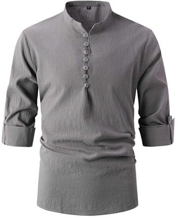Langarm-T-Shirt für Herren, modisch, Persönlichkeit, Stehkragen, Baumwoll-Leinen-Knöpfe, halboffen, langärmelig, einfarbig, Stehkragen, langes Hemd, Teen-T-Shirt, grafische Hemden für Herren, grau,