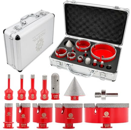 Diamant Fliesenbohrer Set - FOCSTOL Diamant Lochsäge Set für Porzellan Keramik Fliesen Marmor Granit 12 Stück (6/8/10/12/20/35/50/68/110mm+20mm Fingerfräser+50mm Fasenbohrer+Adapter)