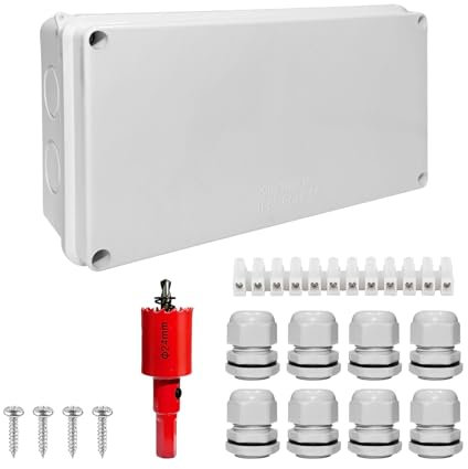 Segvi Wasserdicht ABS-Anschlussdose IP65 für Feuchträume, Oberflächenmontage, Maße 200 x 100 x 70 mm für Durchmesser 6-12 mm, mit 10 Kabelverschraubungen und 20 mm Lochsäge.