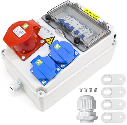 Stromverteiler 16A, Baustromverteiler 16A, Wandverteiler mit 2 x Schuko,1x CEE Steckdos, Verteilerkasten außen IP54 wasserdicht für Innen/Außen/Werkstätten/Fabriken
