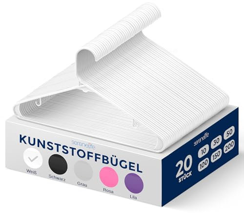SereneLife Kleiderbügel Kunststoff Weiß, 20er Set, Bügel rutschfest und Platzsparend, Clothes Hangers mit Einkerbungen im Schulterbereich für Anzüge, Hemden und Krawatten, Leicht und Funktionell