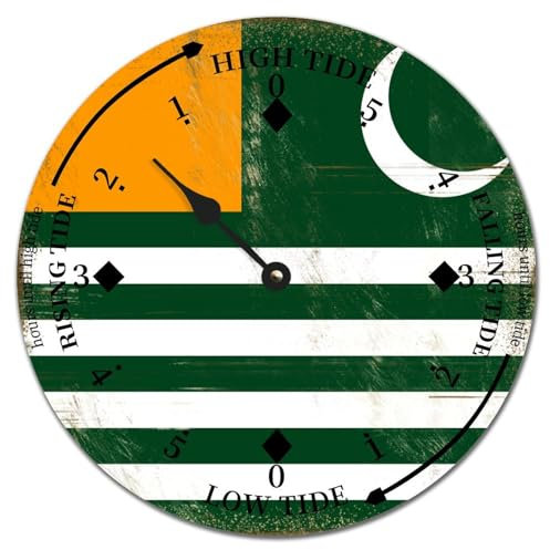 Yelolyio Kashmir Runde Wanduhr, Mond, Gezeitenuhr, Vintage, Kaschmir-Nationalflagge, Ozeanzeit, Wanduhr, Holzuhr, Küstenuhr mit hoher und niedriger Gezeitendekoration, für Strandhaus, 38,1 x 38,1 cm
