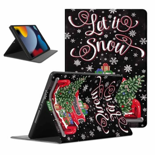 ZhuoFan Hülle für iPad 9./8./7. Generation, Aesthetic Weihnachts Schneemobil Motiv Design Ultra Dünn Leicht SchutzHülle mit Standfunktion TPU Rücken Slim PU Leder Christmas Tablet Cover, Schwarz