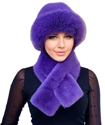 AMOUSDRDR Kunstfellmütze und Schal Set für Damen, Winterplüsch, verdickter Schal und Mütze, warmes Set, weich, flauschig, russische Fischerhut-Set