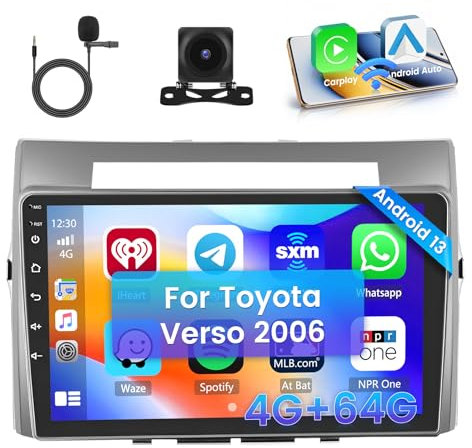 Hikity für Toyota Verso 2006 Radio [4+64GB] Android 15 Autoradio CarPlay Android Auto Wireless Bildschrim 9 Auto Radio Bluetooth Mirror Link Navi GPS DSP WiFi FM RDS