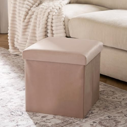 OHS Cube Ottoman Storage Box Matte Velvet, Natural Upholstered Storage Ottoman Space Saving Footrest with Hidden Storage & Lid For Livingroom Bedroom or Office, One Size