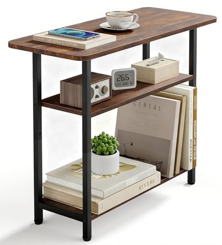 MISSLO Side Table for Living Room, Narrow Side Table, 3-Tier End Table for Small Spaces with Wide Storage Tabletop, Small Nightstand for Bedside, Bedroom, Sofa, Couch, Rustic Brown