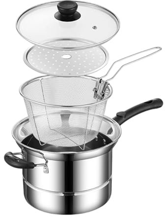 Loyimioo Deep Fat Fryer Set Stainless Steel Pot Small Deep Fat Fryer Chip Pans with Basket and Lid Pasta Strainer Wire Basket, Glass Lid, Drainer & Steamer Sheet Set
