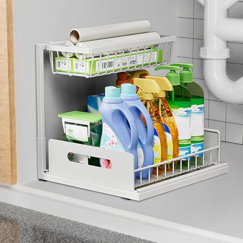 Yeqqzq Under Sink Organizer, 2 Tier Pull Out Cabinet Organizer, Slide Out Sink Storage Shelf with Upgrade Suction Cups Stay for Kitchen Bathroom Cabinet (White)