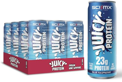 SCI-MX Juicy Protein Sparkling Protein Water with 23g Protein • Blue Raspberry Flavour • 330ml x 12 • High Protein Sparkling Drink • Low Calorie & No Added Sugar • Made in UK with Spring Water
