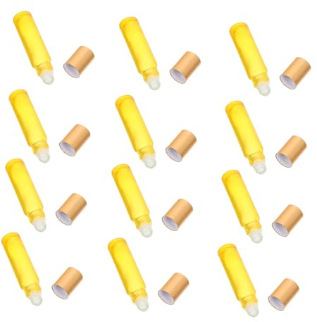 Anneome 12 pièces Bouteilles Verre Jaune Mat pour Huiles Essentielles Rechargeables Flacons Vides avec Bille Roulante Anti-fuite pour Parfum et Aromathérapie Portable