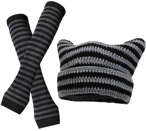 Lufdegim Damen Katzenmütze Set, Mütze mit Katzenohren y2k Beanie Striped Crochet Slouchy Hat mit Gestreift Lang Armstulpen, Cat Beanie für Frauen Winter Warm