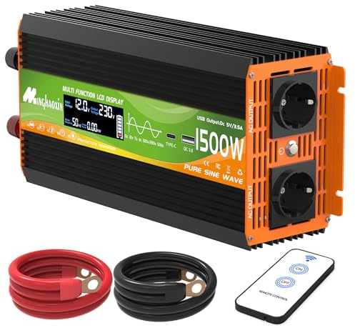 Wechselrichter 12v auf 230v 1500W/3000W Reiner Sinus Spannungswandler Stromwechselrichter DC Umwandler Power Solar Inverter Konverter Stromwandler mit Fernbedienung EU Steckdose und USB-Port