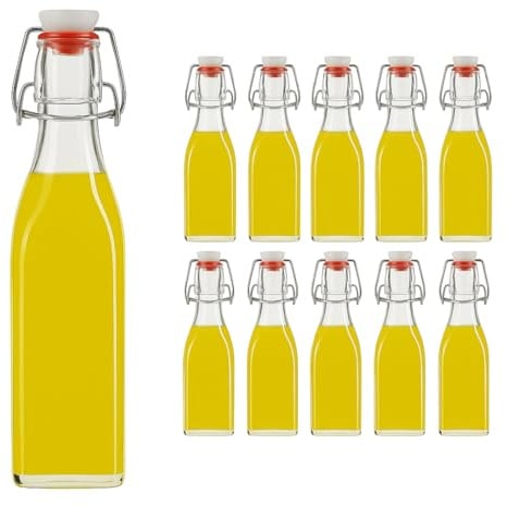 hocz 10x leere Bügelflaschen 250ml zum Befüllen Weiß - kleine Flaschen mit Bügelverschluss - 10er Bügel Glasflaschen Set für Saft, Getränke, Likör, Öl, Saucen - 10 Stück, 250 ml, Weiß, Eckig