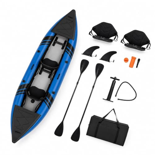 HOMASIS Kajak Aufblasbar für 2 Personen, Schlauchboot mit 2 Aluminiumpaddel & 2 Flossen, verstellbare Sitze & Fußstützen, Kanu mit Tragetasche, Pumpe & Reparaturset, bis 230 kg belastbar (Blau)