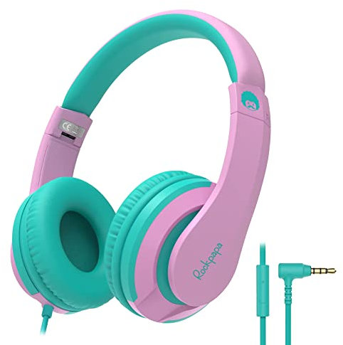 Rockpapa I20 Wired Headphones, Wired Headset On Ear Stereo Head phones with Microphone for Kids Children Adult, Adjustable Headband, Foldable Headphones for Travel/PC/Mac/Laptop/Phone (Pink Green)