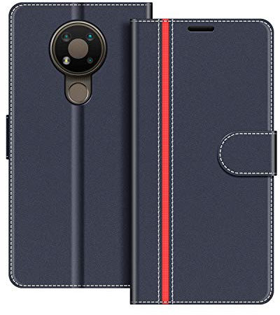 COODIO Coque en Cuir pour Nokia 3.4, Étui Housse Pochette Fonction Stand pour Nokia 3.4, Bleu Foncé/Rouge