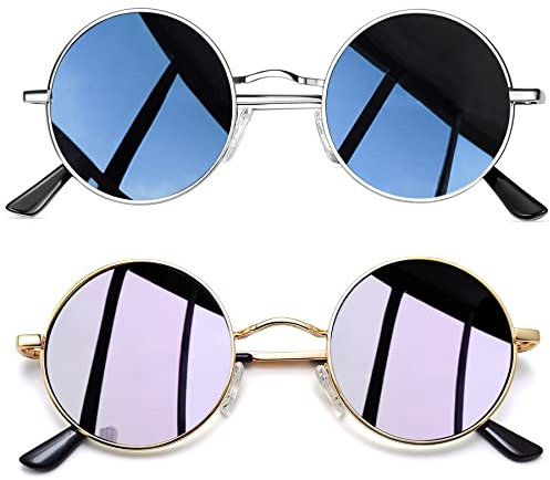 Joopin Occhiali da Sole Uomo Donna Rotondi Polarizzati Protezione UV400 Vintage Piccoli Tondi Occhiali da Sole 2 Paia (Nero Argento e Viola)