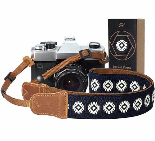 Camera Strap - 1.5 Cowhide Head Shoulder Neck Strap ,Retro Jacquard Embroidery Multi-pattern camera straps for Cameras and Binoculars,Cute Adjustable Thin Strap for Adults & Kids(Vintage Blue)