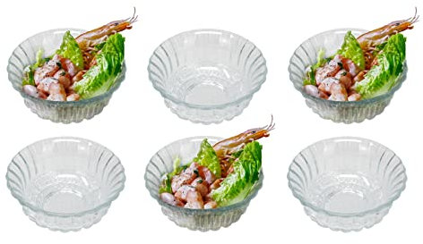 GK Global Kitchen Set of 6 Glass Prawn Cocktail Bowls Dishes Stemless Appetizer Prawn Cocktail Starter Serving Glasses for Appetiser Prawn Seafood Shrimp Salad Cocktail Nibbles Party Glass Bowls