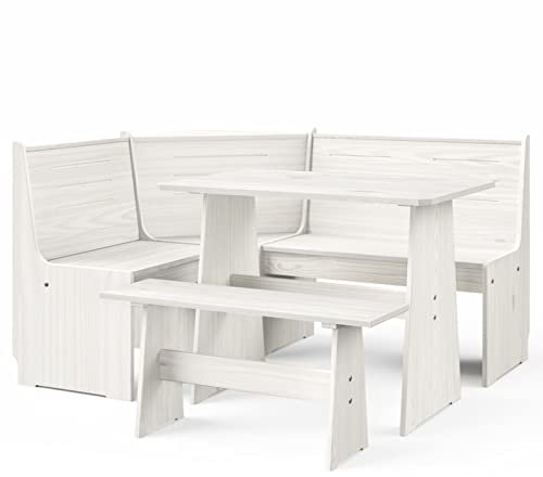 Keketa 3-teiliges Esstisch-Set aus Holz, Esstisch & Eckbank-Set für 6, Küchentisch-Set, platzsparendes Möbel-Set für Zuhause, Küche, Büro, weißes Massivholz-Kiefer