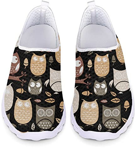 Kuiaobaty Lässige Mesh-Turnschuhe für Damen, modische Sneaker, bequeme Laufschuhe, atmungsaktiv, Walking-Tennisschuh, Slip-On-Schuh, Eule Vögel schwarz, 39.5 EU