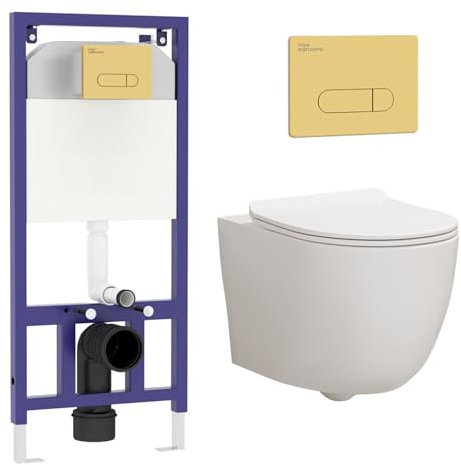 Wall Hung Toilet Pan Dual Concealed Cistern Frame Soft Close Seat & Brass Flush Plate Abacus Rimless Toilet