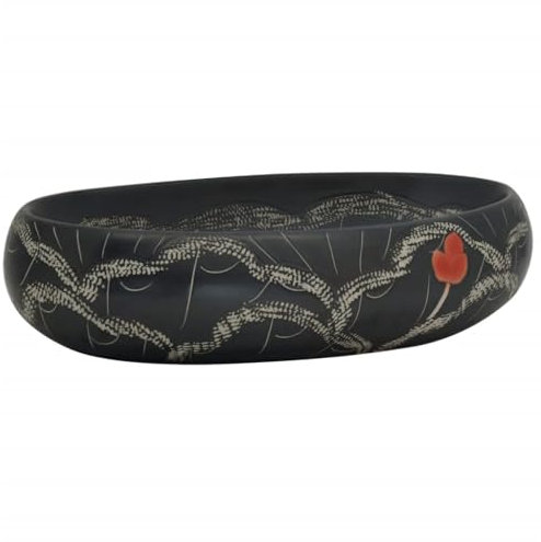 vidaXL Aufsatzwaschbecken, Oval Waschbecken mit Muster, Handgefertigt Waschtisch Waschschale für Badezimmer, Handwaschbecken Spülbecken, Schwarz 59x40x15 cm Keramik