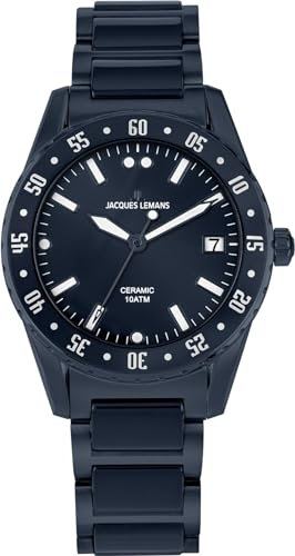 JACQUES LEMANS Damenuhr Liverpool Massiv Edelstahl/High-Tech-Ceramic massiv Edelstahl ip-Blue 42-12E