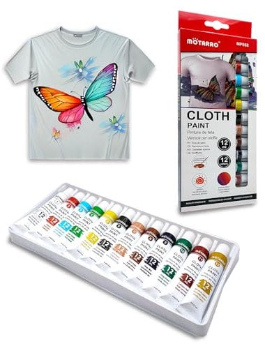 Set 12 Colori Permanenti per Tessuti, Tempera Pittura Acrilica all’Acqua Per Dipingere Stoffa, Pelle, Ideale per Magliette, Borse, Jeans, Scarpe, Vestiti, Cuoio, per Principianti e Professionisti
