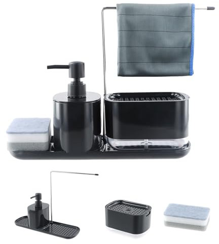 Granvoo 3 en 1 Dosificador Jabon Cocina,Juego de Dispensador de Jabón Líquido con Bandeja y Soporte para Esponja,Dispensador jabon baño,Detergente Recargable,para Cocina,Cuarto de baño,Fregadero