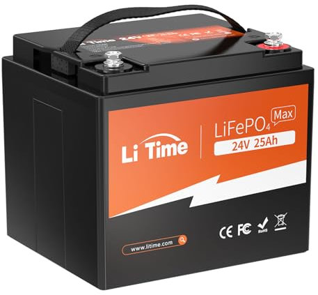 LiTime 24V 25Ah Batterie al Litio, Batteria Lifepo4 con BMS, 640Wh, 10 Anni di Vita, 4000+ Cicli, Batteria Fotovoltaico per Sedie a Rotelle Elettriche Tosaerba Elettrici Campeggio Piccole Attrezzature