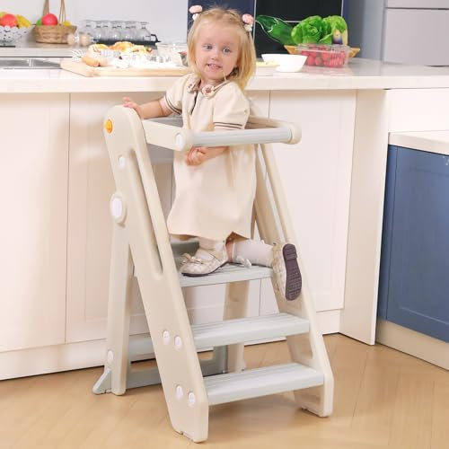 Onasti Lernturm für Kinder, Learning Tower Klappbar und höhenverstellbarer, Lernturm ab 1 Jahr, Multifunktional ab 1 Jahr für Küche Tisch Bad, Stylisch Kippschutz, Creme