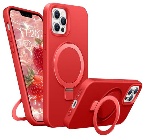 BENTIACC Liquid Silicone Case for iPhone 13 Pro Max, Magnetic Rugged Stand Ring, 4-Layer Shockproof Protective Case with Soft Microfibre Lining, Scratch Resistant (Red)