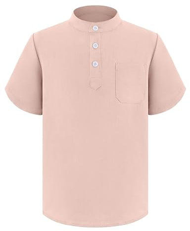 Arshiner Garçons Eté Manches Courtes Chemise Col Droit Chemises de Loisirs Button Down Haut pour Enfants Rose 160 10-11 Ans