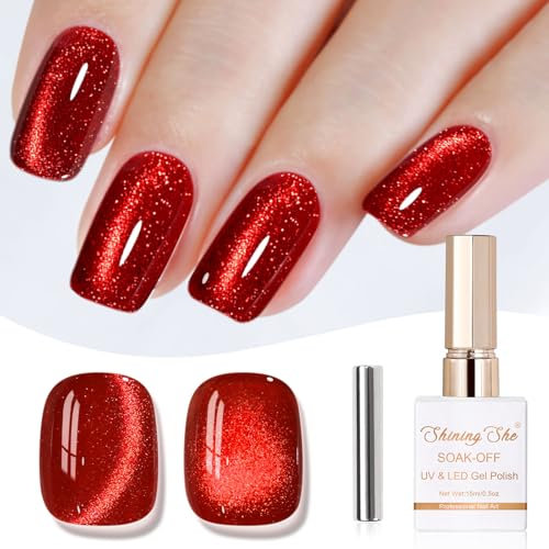 Shining She Gel Nail Polish Cat Eye, 15ML Red Glitter Crystal Magnetic Gel Nail Polish with Magnet Soak-Off UV/LED Ruby Polish for Nail Art Salon DIY Home, 1PC