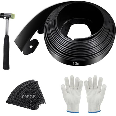 Storystore Flexible Rasenkante Kunststoff 10m Lang 10cm Hoch Beetumrandung Garten Rasenkanten mit 100 Erdanker, Plastic Beeteinfassung Rasenkante Beetumrandung Rasenbegrenzung, Schwarz