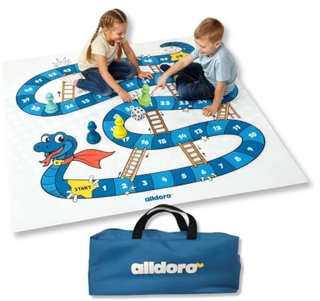 alldoro XXL Leiterspiel, 150 x 150 cm, für 2-4 Spieler, Indoor & Outdoor | Riesen Gesellschaftsspiel mit Schlangen & Leitern, Snakes and ladders, 4 befüllbare Figuren, Würfel & Tragetasche, ab 3 Jahre