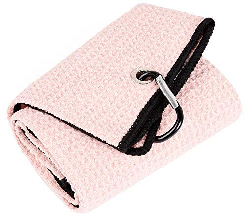 Mile High Life Dreifach gefaltetes Golfhandtuch | Premium Mikrofaser Stoff | Waffelmuster | Schwerlast Karabinerhaken | 14 Farben Optionen(Pink)