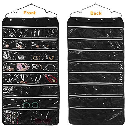 Taschen Und Haken Dual Sided Non Woven Halskette Ohrringe Armbänder Ringe Zubehör hängen Storage Organizer Tasche Wand montiert Aufhänger Halterung Transparent Display faltbar 56 Pockets With Zippers