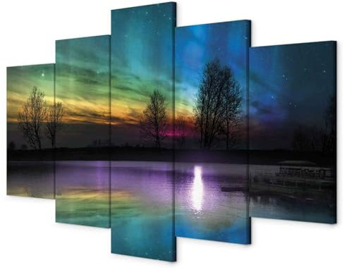 murando - Wandbilder XXL Polarlicht 225x112cm 5 tlg - Wand Deko Leinwand Bilder Groß Wanddeko Wohnzimmer Schlafzimmer Kunstdrucke - Landschaft Bäume c-C-0192-b-m