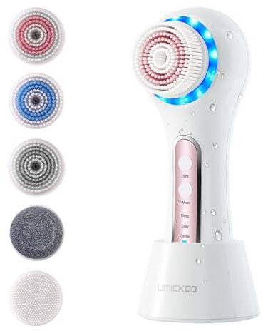 UMICKOO Face Scrubber Exfoliator,Facial Cleansing Brush Rechargeable IPX7 Waterproof with 5 Brush Heads,Electric Face Spin Brush for Exfoliating, Massaging and Deep Cleansing