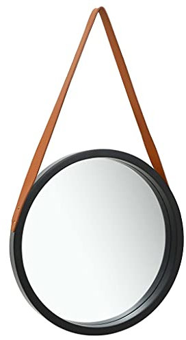 vidaXL Wandspiegel mit Riemen Vintage Retro Hängespiegel Dekospiegel Spiegel Badspiegel Rundspiegel Flurspiegel Garderobe 50cm Schwarz