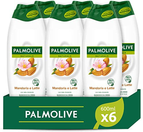 Palmolive Bagnoschiuma Naturals, Bagnodoccia Crema Per Il Corpo Con Latte E Mandorla, Idrata Tutti I Tipi Di Pelle Con La Sua Formula Delicata Per Una Pelle Soffice, 600 ml, Confezione da 6