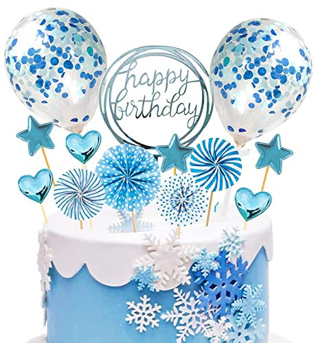 Tortendeko Geburtstag Blau, Happy Birthday Kuchendeko Kuchen Topper, Sterne Liebe Papierfächer Cupcake Topper, Glitter Torte Deko für Mädchen Junge Frauen Mann Kinder Geburtstag Taufe Party