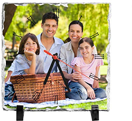 JIAHG Personalisierte Schieferplatte Wanduhr mit eigenem Foto gestalten Schiefertafel Uhr Fotouhr mit individuellem Bild Bedruckt Personalisierter Bilderrahmen Fotorahme mit Foto, 20 * 20 * 0.9cm