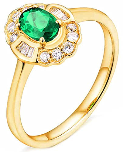 AMDXD Ring Hochzeitstag 18k Gelbgold, Blumen 0.5ct Oval Grün Smaragd mit 0.35ct Diamant Damenringe, Frauen, Gold, Gr.62 (19.7)