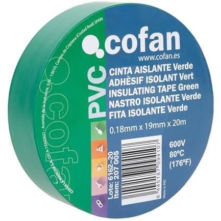 Cofan Cinta Aislante 180 Micras | Color verde | Resistente al voltaje, al calor y a diferentes ácidos y alcalinos