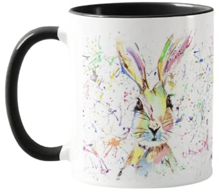 Vixar Hare Bunny Rabbit Watercolour Rainbow Art Coloured Mug Cup, Gift, Birthday, Work, Office, Christmas Tea Coffee (Black)